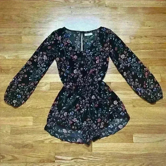 Abercrombie & Fitch Romper Floral Long Sleeve  Cinch Waist Black - Picture 10 of 12